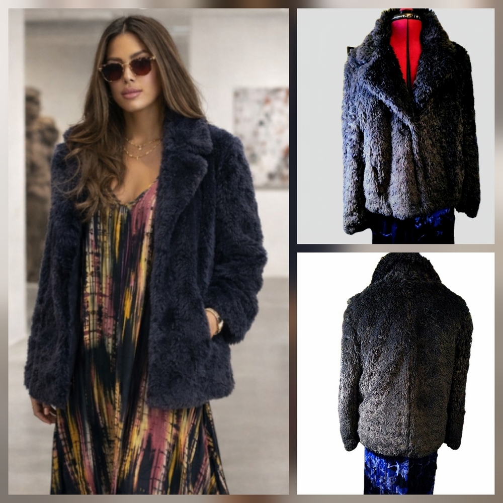 Xhilaration Blue Faux Fur Coat Silky Textured Plush Jacket Size L